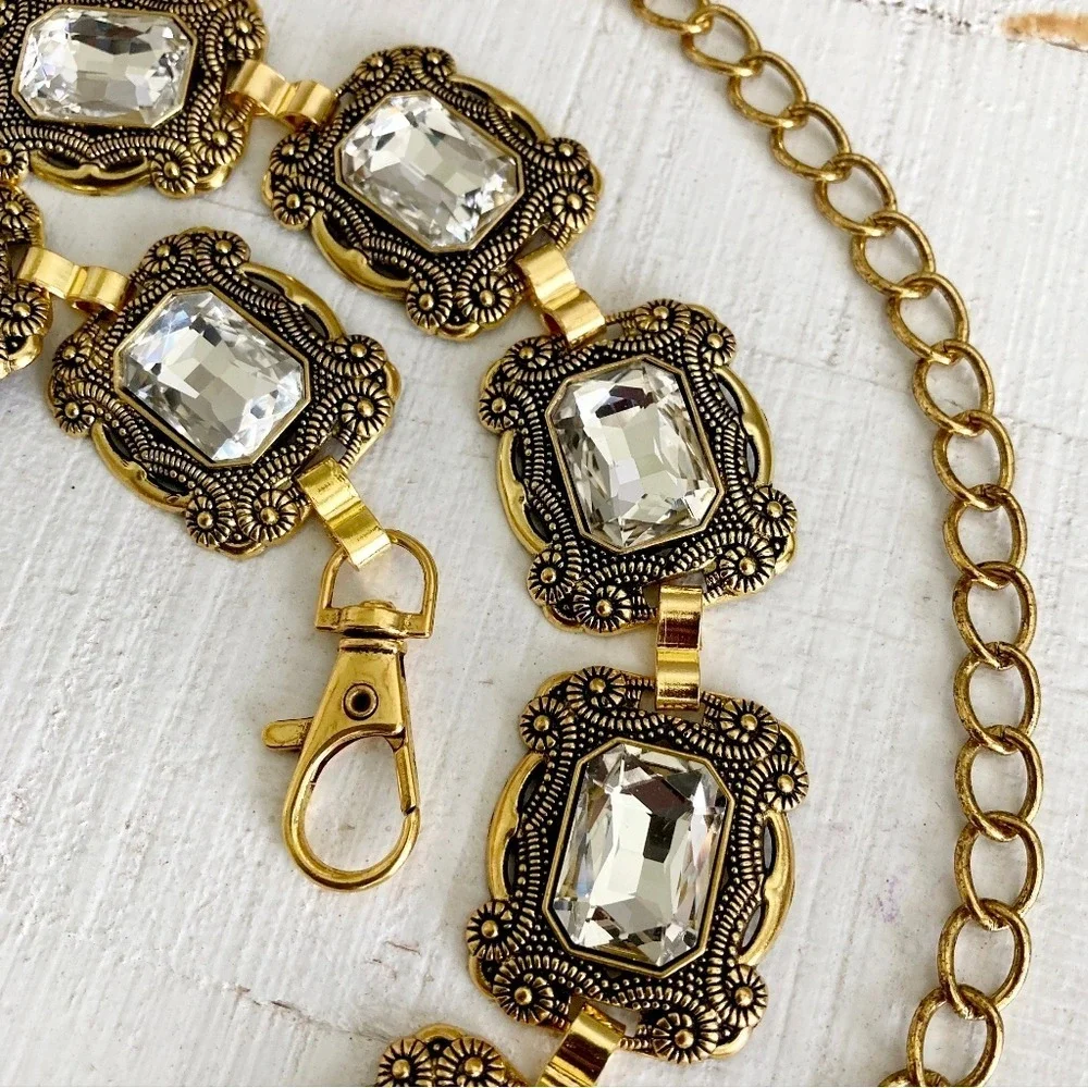 Gold Crystal Concho Chain Waist Statement Belt Formal wedding Bridal party event